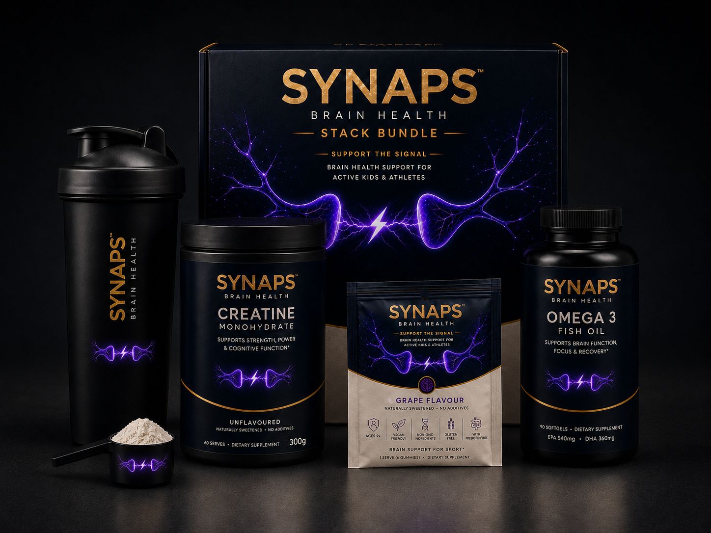 The SYNAPS Brain Health Stack Bundle: gummies, creatine monohydrate, omega-3 fish oil and a shaker in a branded box.